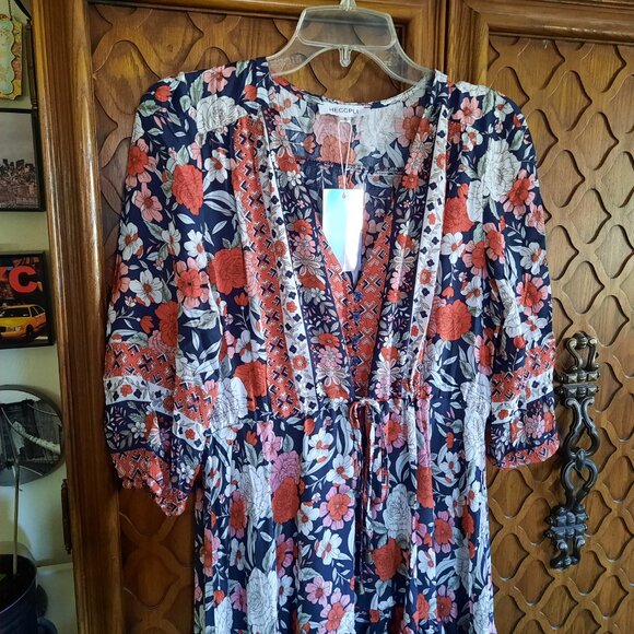 V Neck Tie-Waist Floral Bohemian Maxi Dress Flowy Ruffle w/Slit NWT! - Size S - Picture 3 of 16